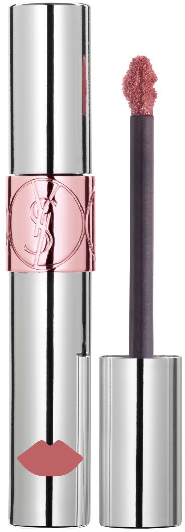 En sølvrør med en pink læbesymbol og en læbestiftpen ved siden af.