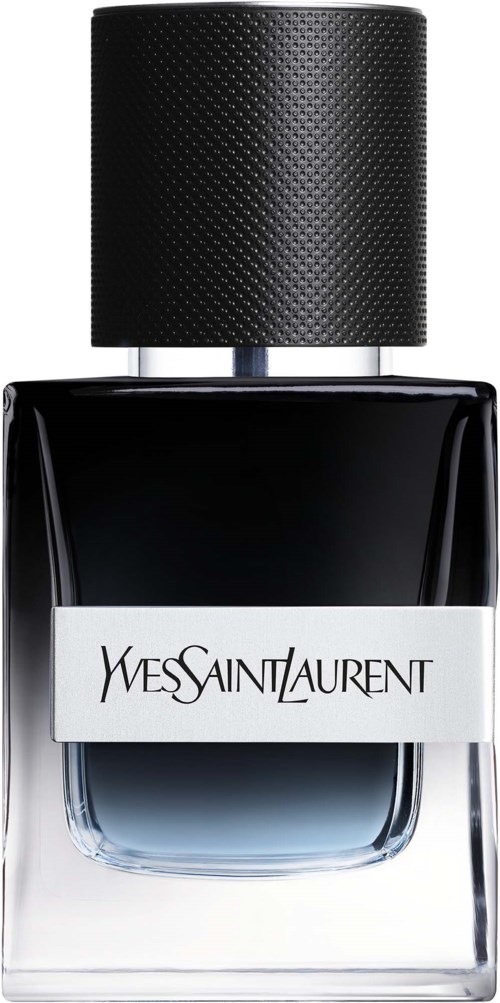 Musta hajuvesipullo, jossa on teksturoitu korkki ja valkoinen etiketti, jossa lukee Yves Saint Laurent.