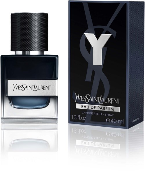 Yves Saint Laurent hajuvesipullo ja laatikko, musta ja hopea design, YSL-logo ja teksti, 40 ml.