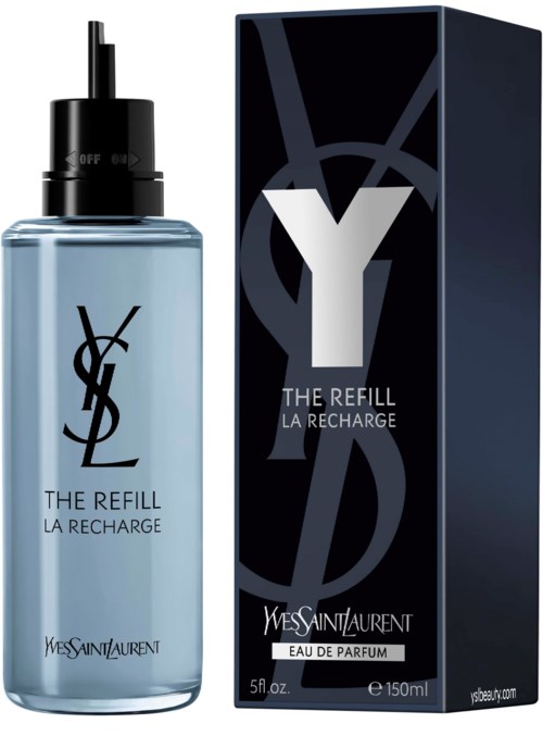 En parfyllflaska med svart spraylock och blå vätska, bredvid en svart låda med Yves Saint Laurent-märket.