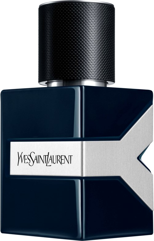 En mørkfarget parfymeflaske med svart teksturert lokk og en hvit Y-formet design med Yves Saint Laurent-logo.