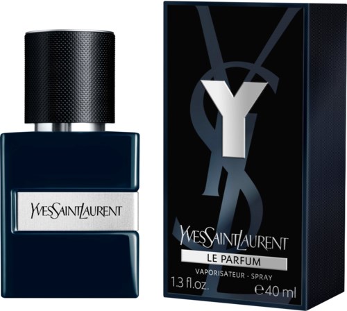 En parfymeflaske og eske, begge svarte med sølvdetaljer, merket Yves Saint Laurent, Le Parfum.