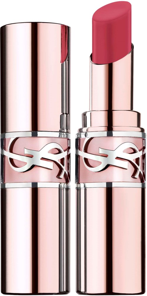 A pink lipstick with a shiny silver tube and a decorative logo. One lipstick is open, showing the color.