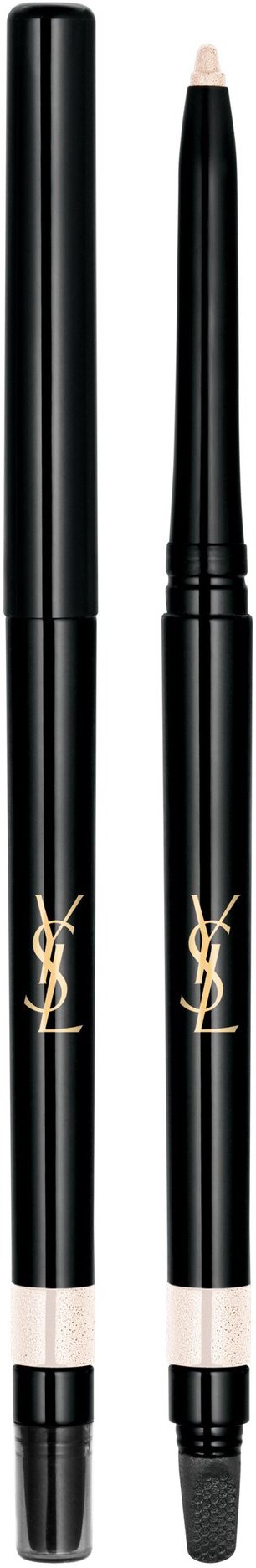 Två svarta makeuppennor med beige spetsar och guld YSL-logga, den ena med lock på, den andra redo att användas.