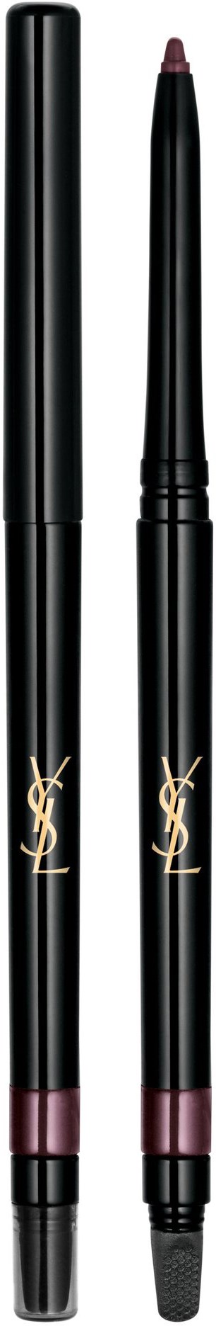 Två svarta YSL makeuppennor med guldlogga, en med lock och den andra avtäckad, mot en svart bakgrund.