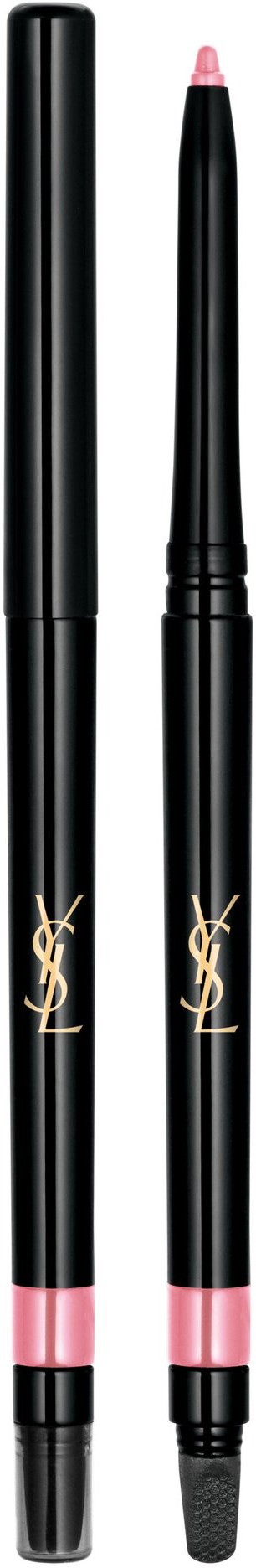En dubbeländad makeuppenna i svart och rosa färg med YSL-märke på en svart bakgrund.