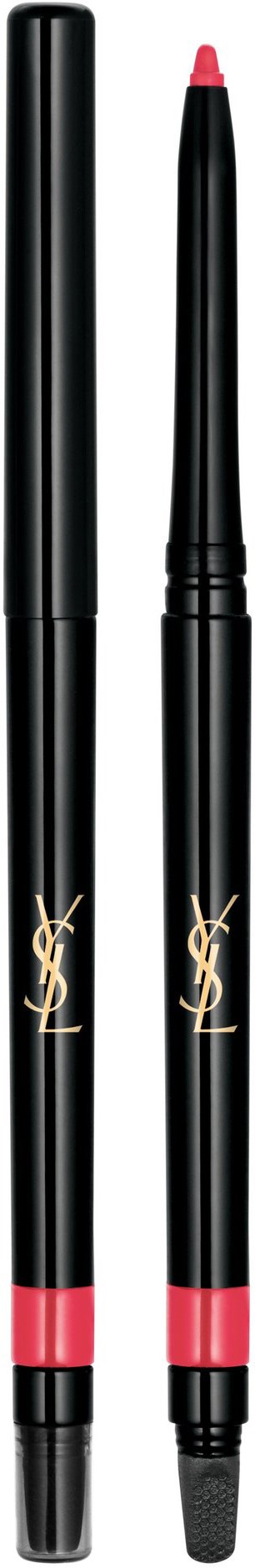 En svart tvåändad sminkpenna med rosa toppar, med gyllene YSL-logga och lock på ena änden.