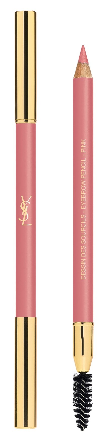 En rosa ögonbrynspenna med guldkappp och metallände, visar spetsen och en spoolie-borste i andra änden.