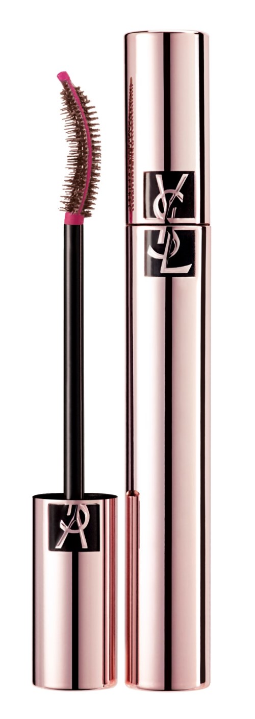 Roze en zwarte mascara met een gebogen borstel in een tube en een bijpassend cilindervormig doosje.