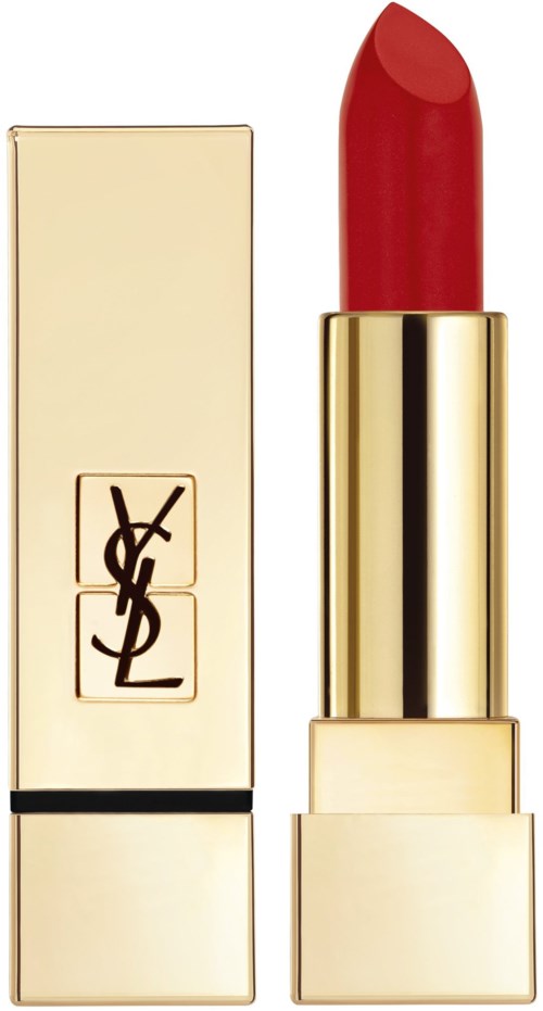 Ett rött läppstift med guldtub och Yves Saint Laurent-logga på förpackningen.