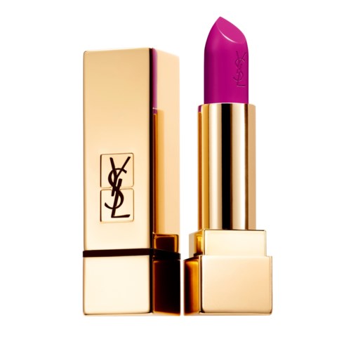 A pink lipstick in a shiny gold case with the Yves Saint Laurent logo.