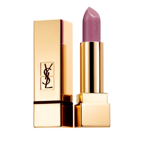 A pink lipstick in a gold tube with Yves Saint Laurent logo, standing next to a shiny gold box.