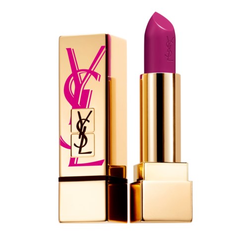 En YSL läppfärg i ett guldhölje med rosa läppstift och ett matchande box med YSL-loggan.