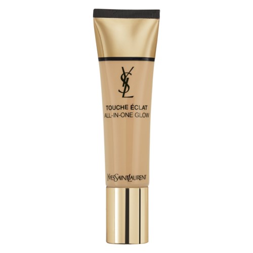 Guldfärgad tub med Yves Saint Laurent Touche Éclat All-In-One Glow makeupprodukt.