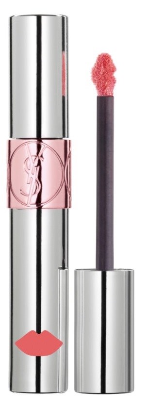 En sølv læbestift med en pink midterdel og logo, der viser applikatoren og pink læbestift.