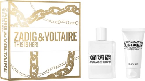 Zestaw prezentowy z perfumem i balsamem od Zadig & Voltaire, zatytułowany "This is Her!" z projektami łańcuchów.
