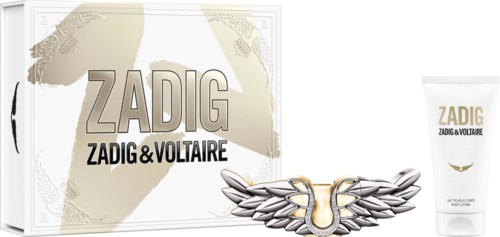 En duftgavesett med en boks, en ringformet halskjede og en lotion på tube, alle fra Zadig & Voltaire.