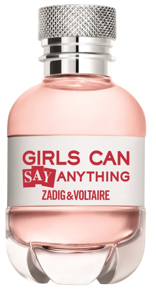 En parfymflaska med rosa vätska, en silverlock och en etikett som säger "GIRLS CAN SAY ANYTHING" av Zadig & Voltaire.