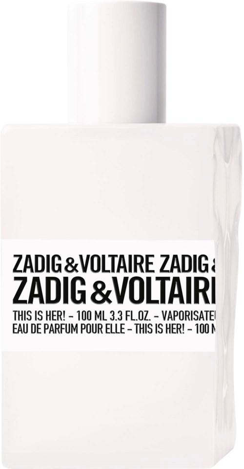 En hvit parfyll-flaske med svart tekst som leser Zadig & Voltaire, nevner at den er for henne.