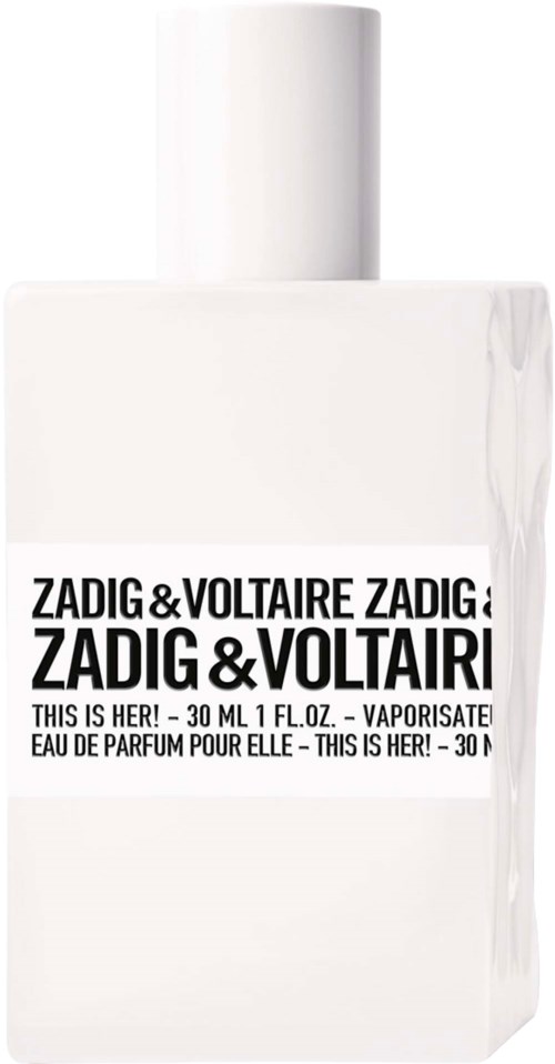 En vit parfyllflaska med svart text som säger Zadig & Voltaire, och heter "This is Her!" parfym, 30 ml.