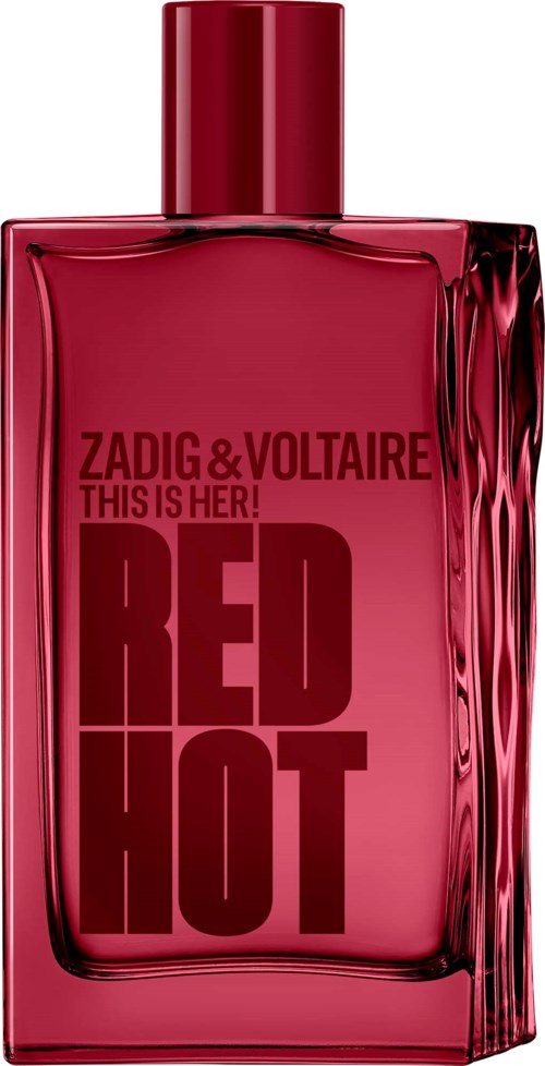 Rød flaske av Zadig & Voltaire Red Hot-parfyme med fet svart tekst på forsiden.
