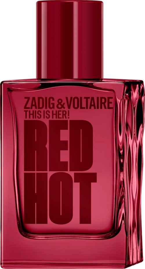 Rød parfymflaske med fet svart tekst og rød hette, merket Zadig & Voltaire Red Hot.