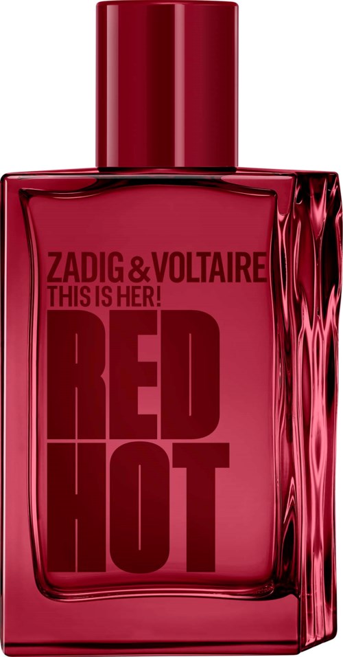 Rødt parfymeflaske med svart tekst som sier Zadig & Voltaire Red Hot og This is Her.