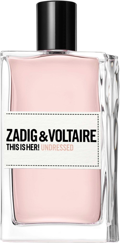 En glassparfyreflaske med rosa væske, svart lokk og en etikett som sier Zadig & Voltaire, This is Her! Undressed.