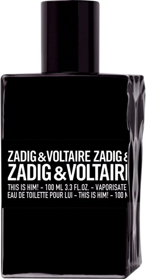 En svart flaske med Zadig & Voltaire Dette er Han parfyme med hvit tekst og enkel design.