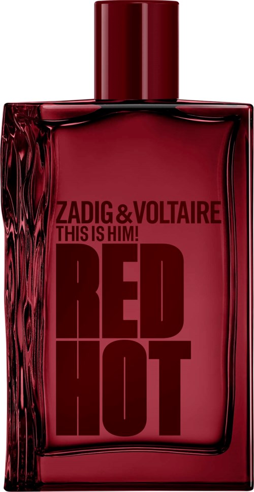 En rød parfymeflaske med firkantet form og matchende rød lokk, merket Zadig & Voltaire Red Hot.
