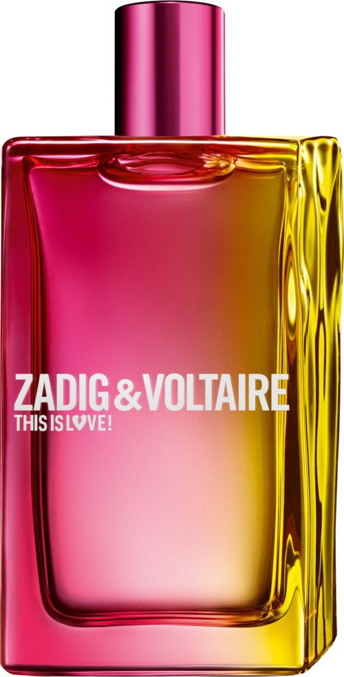 Eine bunte Parfümflasche in Pink, Gelb und Rot, beschriftet 'Zadig & Voltaire This Is Love!'.