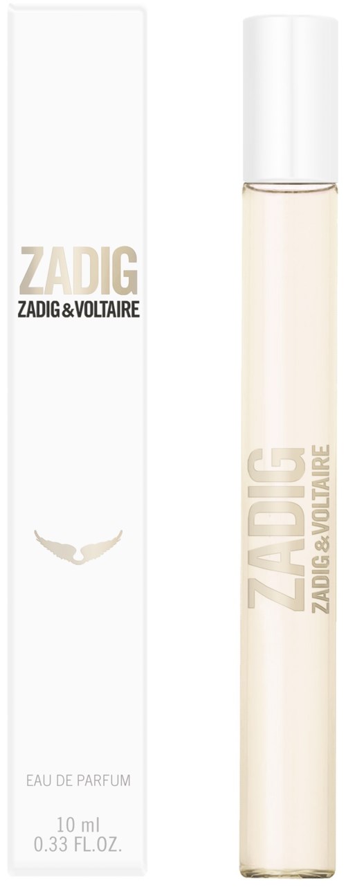 Een parfumfles en doos met de woorden 'ZADIG & VOLTAIRE' en 'EAU DE PARFUM'.