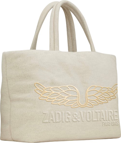 En lysfarget stoffveske med en vingeslange-logo og tekst "ZADIG & VOLTAIRE PARFUMS" preget på forsiden.
