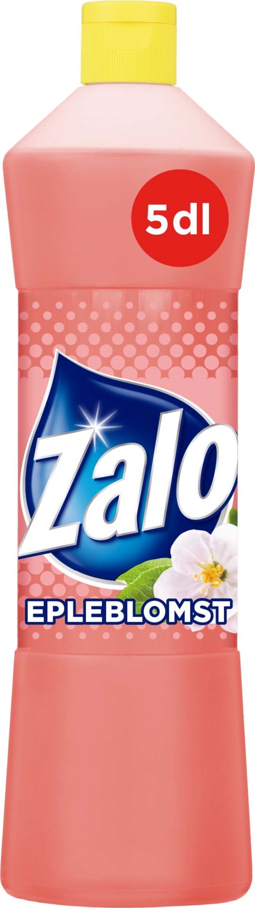 En rosa flaske Zalo oppvaskmiddel med gult lokk, merket 5dl, og en hvit blomsterillustrasjon.
