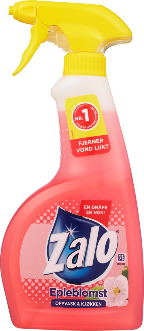 Spray-pullo Zalo-cleaningspraylla, jossa on sitruunankukkatuoksu, punainen ja keltainen väri, ja suihkusetti.