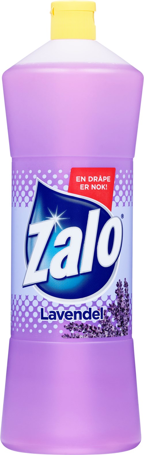 Violetti Zalo-lavendelikäsitisopa, jossa on keltainen korkki ja punainen etiketti.
