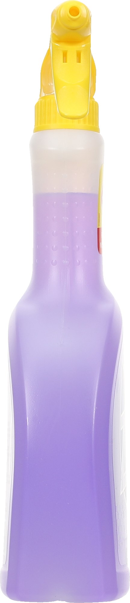 Puhdistussuihkepullo, jossa on keltainen suihkupää ja violetti neste sisällä.