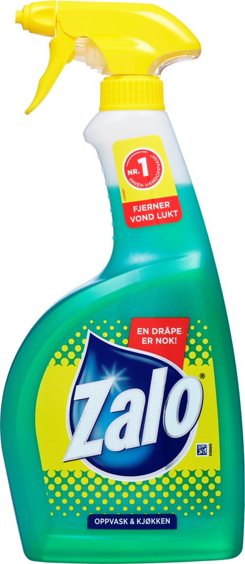 Ruiskupullo, jossa on vihreää nestettä, keltainen suihkupää ja Zalo-logo puhdistukseen. Se torjuu pahan hajun.