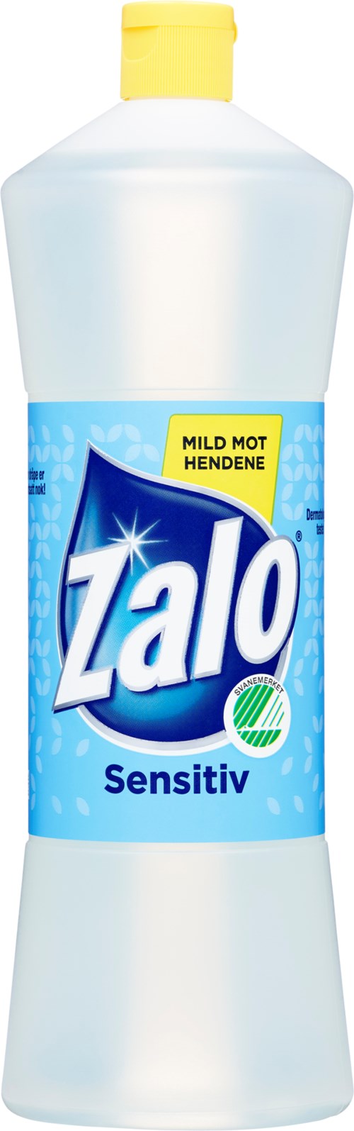 Läpinäkyvä pullo, jossa keltainen korkki, Zalo Sensitiv, sisältää rauhoittavaa pesuainetta herkälle iholle.