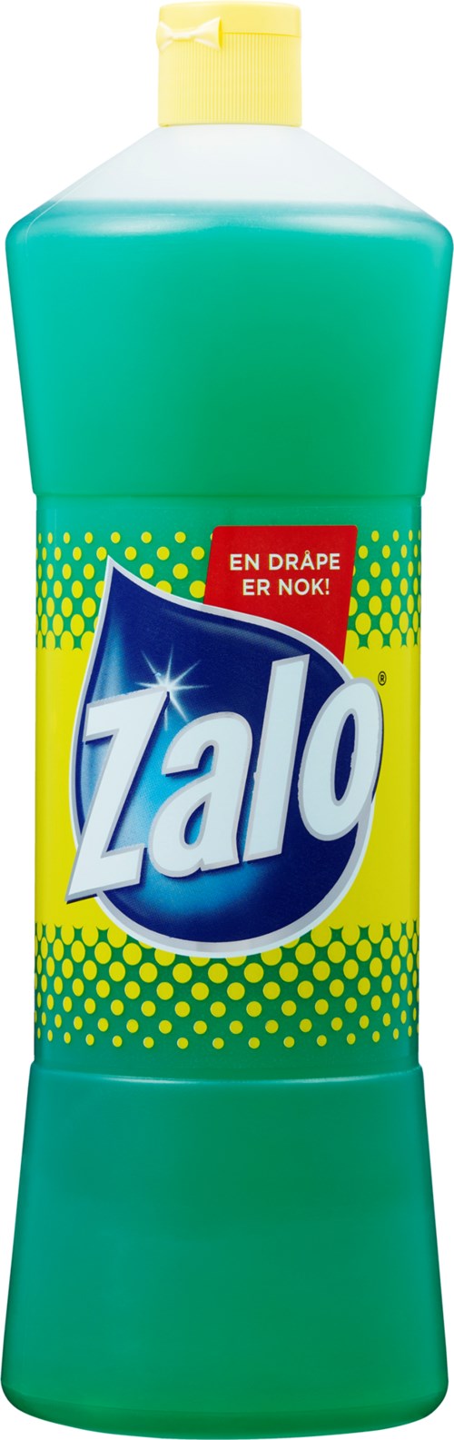 Iso Zalo astianpesuaine pullo keltavalkoisella ja vihreällä tarralla ja vaaleanvihreä neste sisältä.