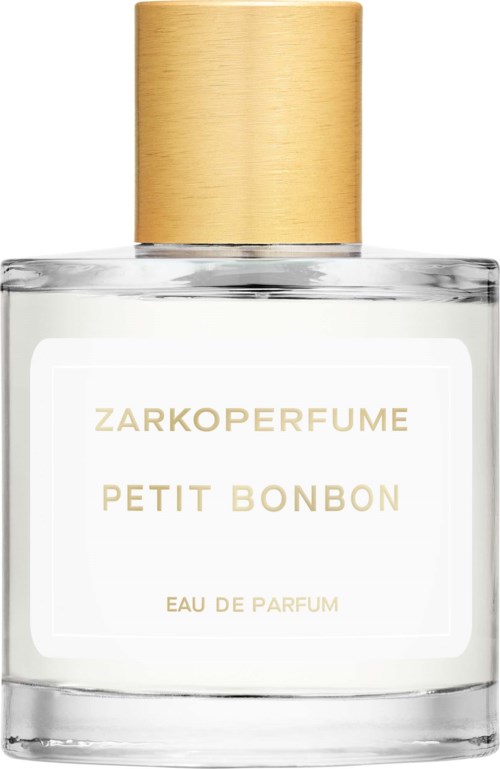 En klar parfuflaske med et lyst trælåg, mærket ZARKOPERFUME PETIT BONBON Eau de Parfum.