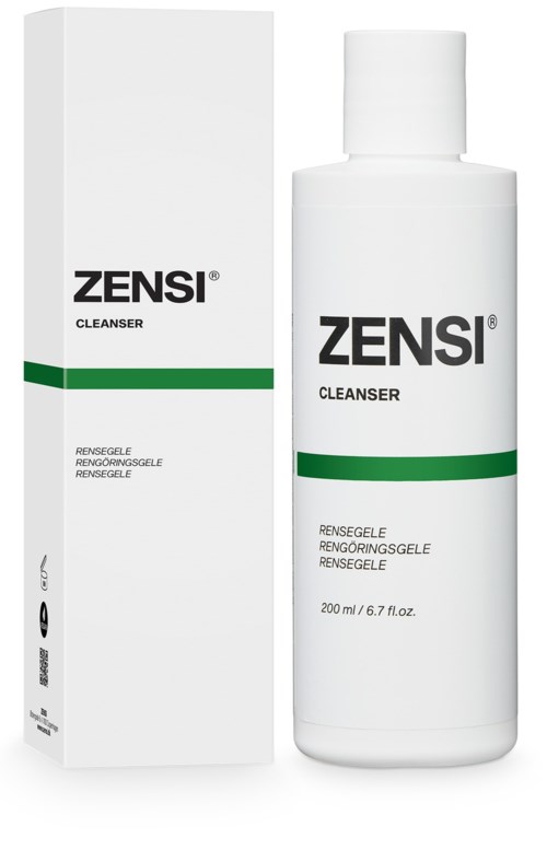 Een witte fles en doos met ZENSI Cleanser met groene streep, 200 ml, voor huidreiniging.