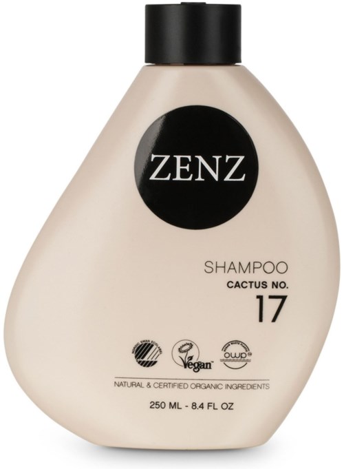En schampoburk med märket ZENZ, med naturliga, veganska och ekologiska symboler, rymmer 250 ml eller 8,4 fl oz.