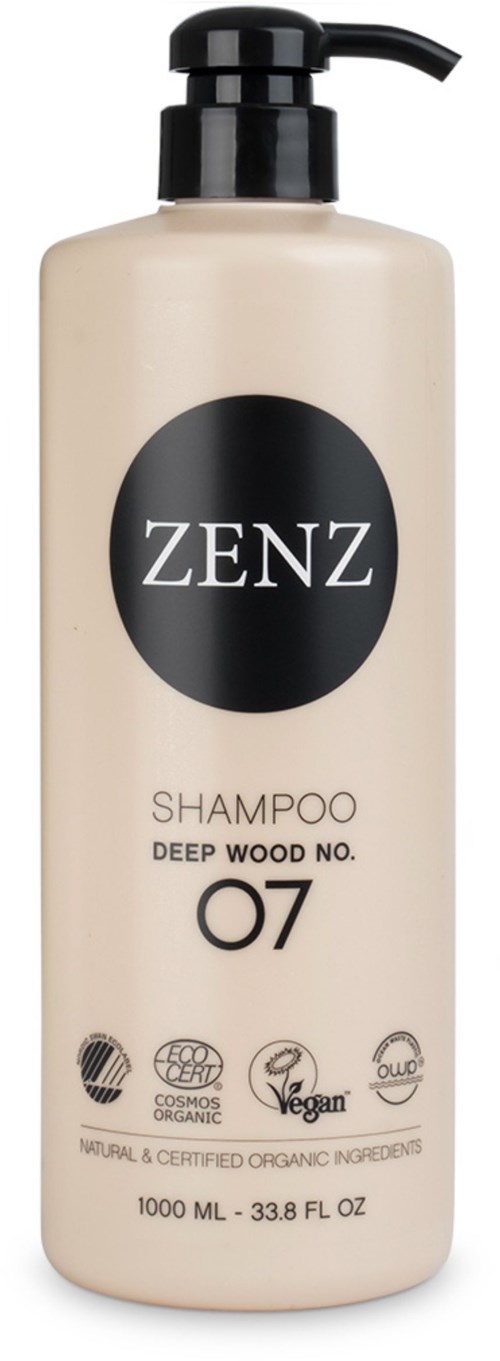 En beige schampofläsk med svart pump, märkt ZENZ Deep Wood No.07, 1000 ml, och ekologiska certifieringssymboler.