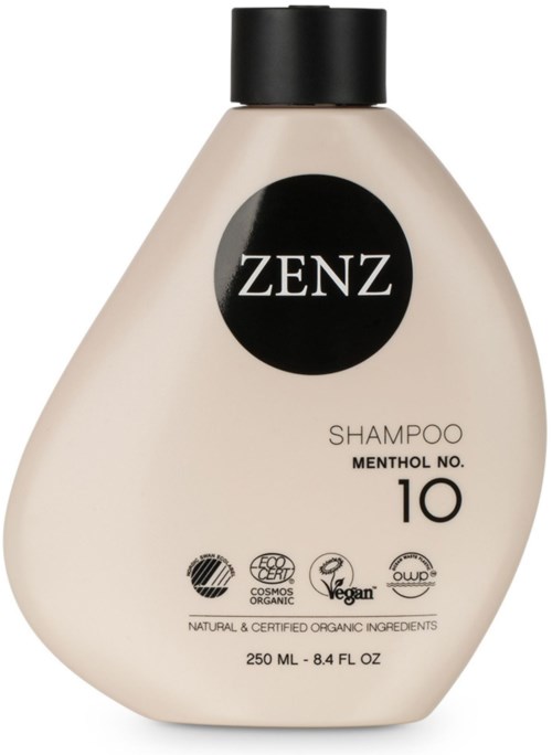 En beige schampoflaska märkt 'ZENZ' med svart lock, nämner mentol och ekologiska ingredienser, 250 ml.