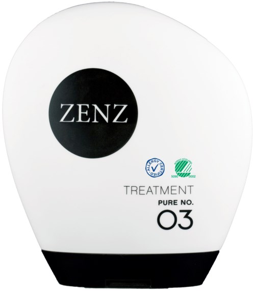 En hvit hudpleiefølge med svart og grønt tekst og symboler, merket "ZENZ" og "TREATMENT PURE NO. 03."