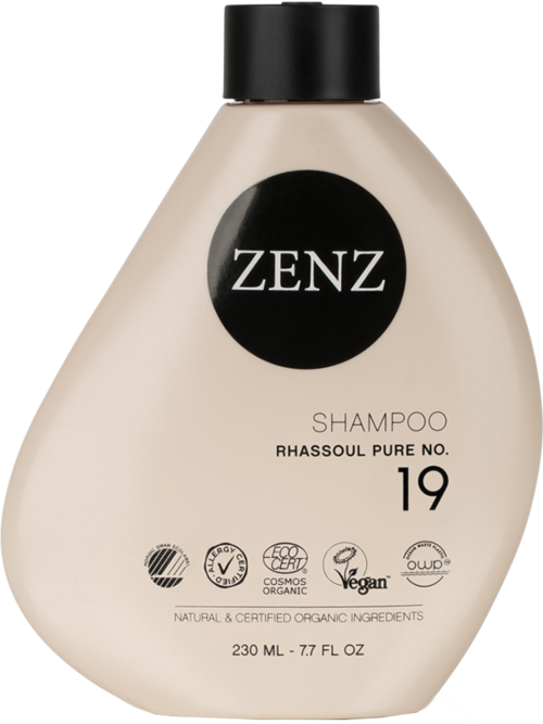 A beige shampoo bottle with a black cap, labeled ZENZ, featuring various certification logos and natural ingredients.