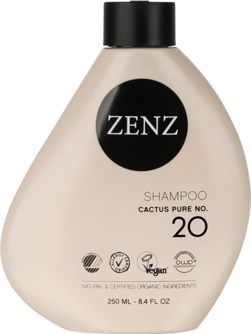 En schampo-flaske merket ZENZ, Kaktus Pure No. 20, med naturlige og økologiske ingredienser, 250 ml.