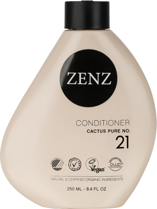 En beige flaska med Zenz balsam med svart lock, märkt som Kaktus Ren nr 21, 250 ml. Innehåller organiska och veganska symboler.