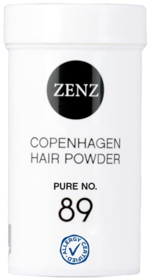 En vit förpackning med svart och blå text, märkt ZENZ Copenhagen Hair Powder, Pure No. 89.